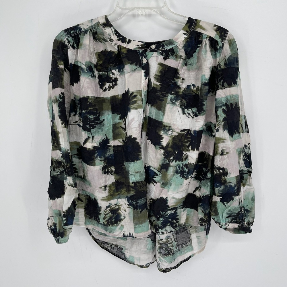 Simply Vera Vera Wang Women's Green Floral Abstract Button Front Blouse Size M